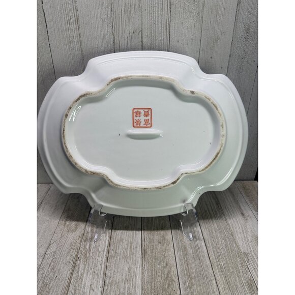 Vtg Stunning Red Stamp Chinese Heavy Porcelain Platter Tray 13" x 10" - Picture 6 of 10